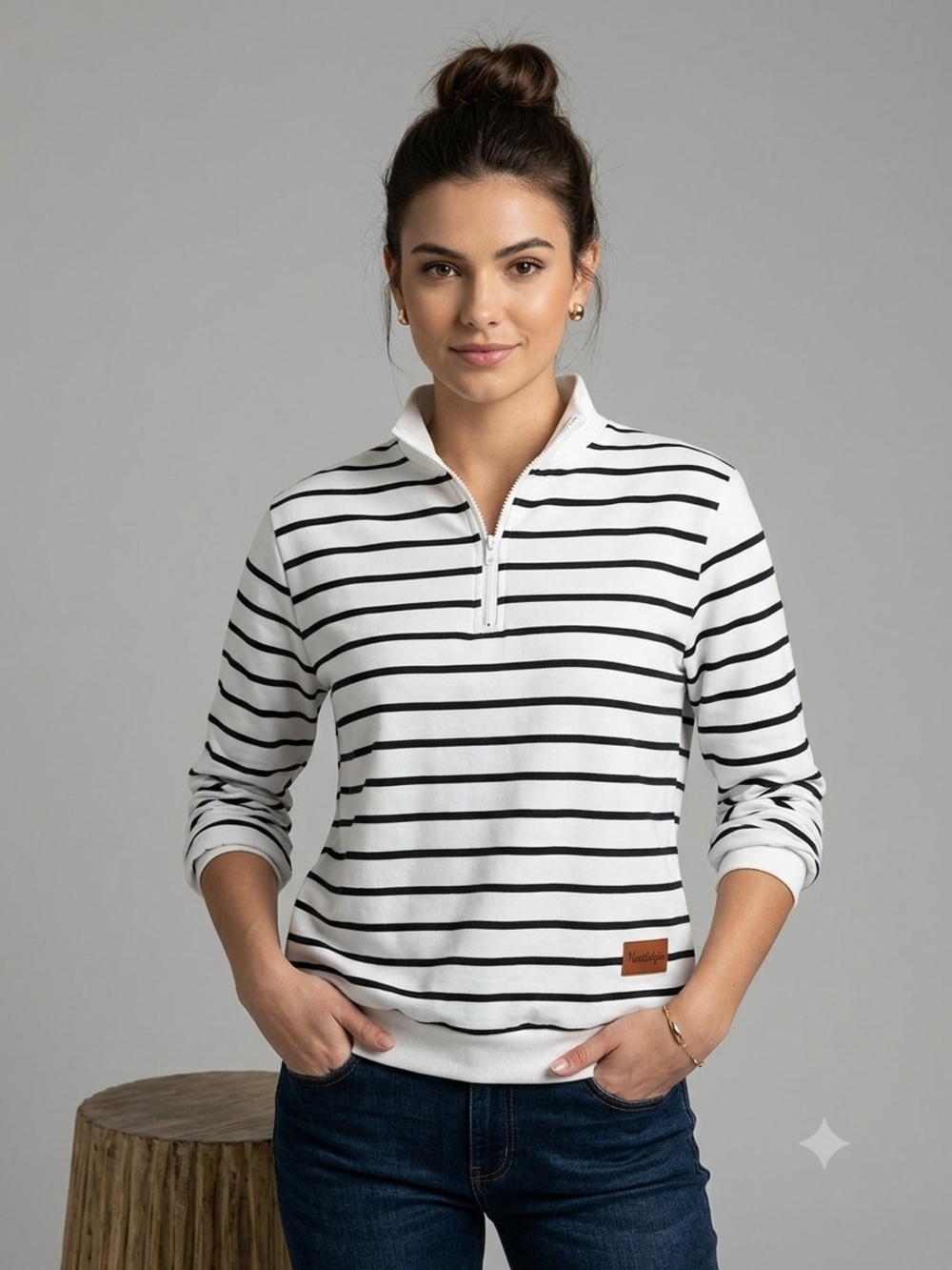 Striped Quarter-Zip Pullover Top - White/Black